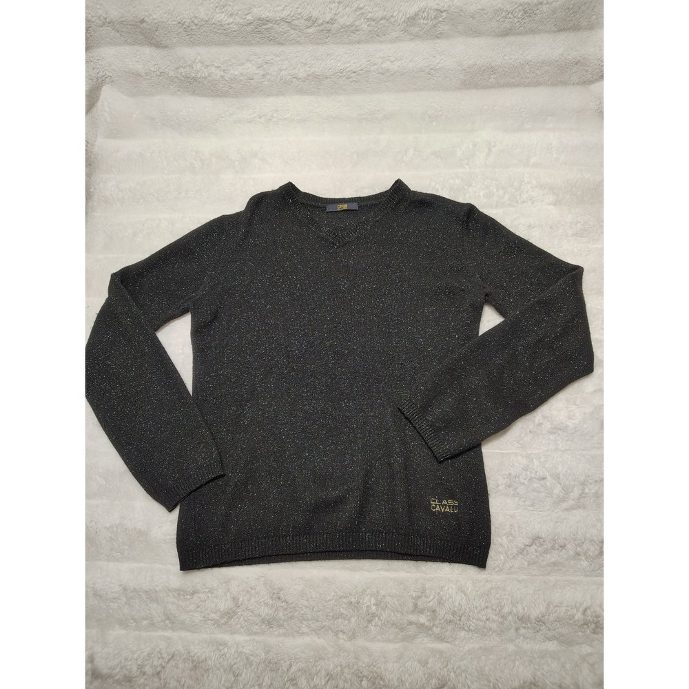 Cavalli Class Pullover Sweater Black Sparkle/Metallic Knit V Neck Women's S